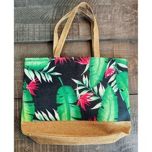 Black & Green Tropical Palm Frond Leaf Shoulder Tote Bag w/ Linen Bottom NWT